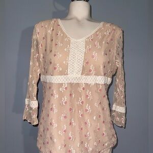 Floral Lace Trim Blouse - Cream and Pink floral blouse Y2K 90s 3/4 sleeve size S